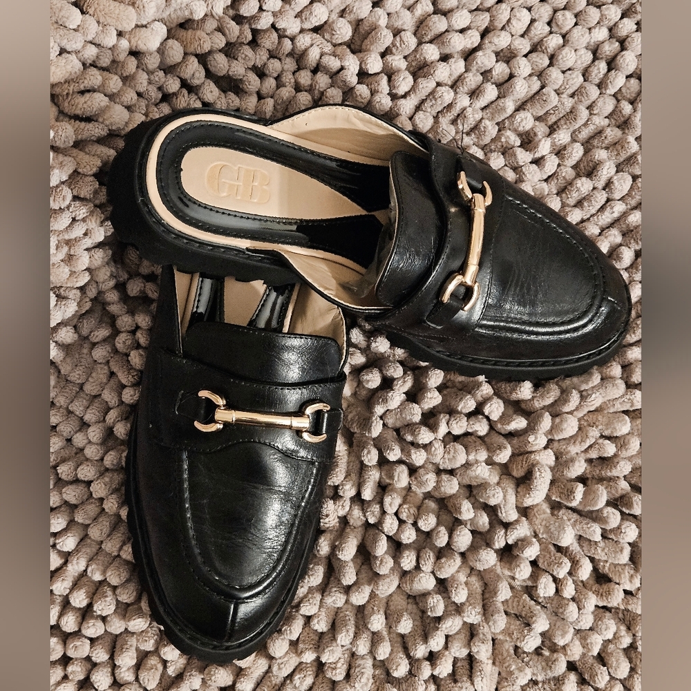 GB Gianni Bini Hold On Black Leather Lug Sole Platform Mule Loafers Slip-On 7.5M